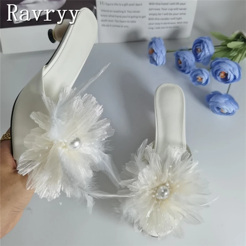 

Women New Unique Pearl Heel Mules Romantic Tulle Flower Feather Dcor Lip-On Sandals for Evening, Prom, Bridal Events