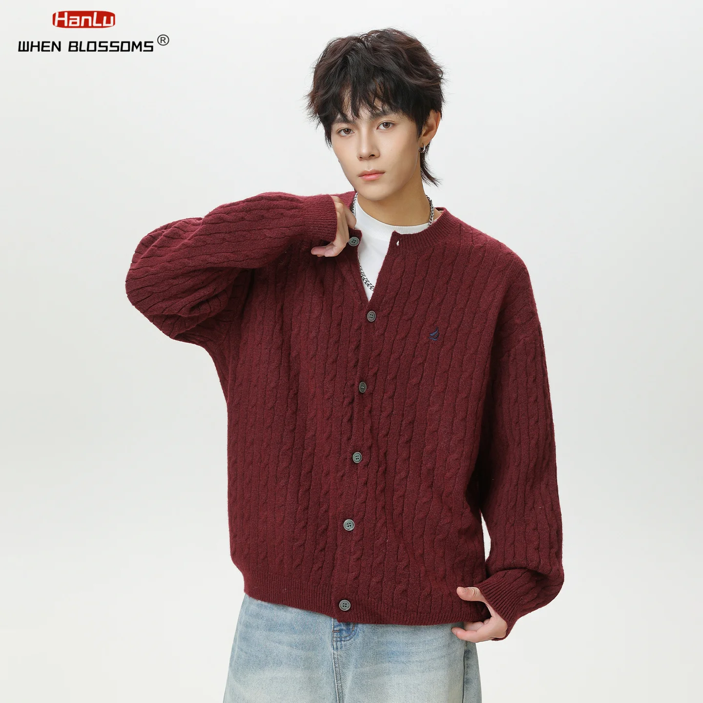 Hanlu 2025 الرجال كابل سترة متماسكة لينة محكم سترة المتضخم خمر الشارع الشهير دافئ الخريف بلوفر شتوي #4