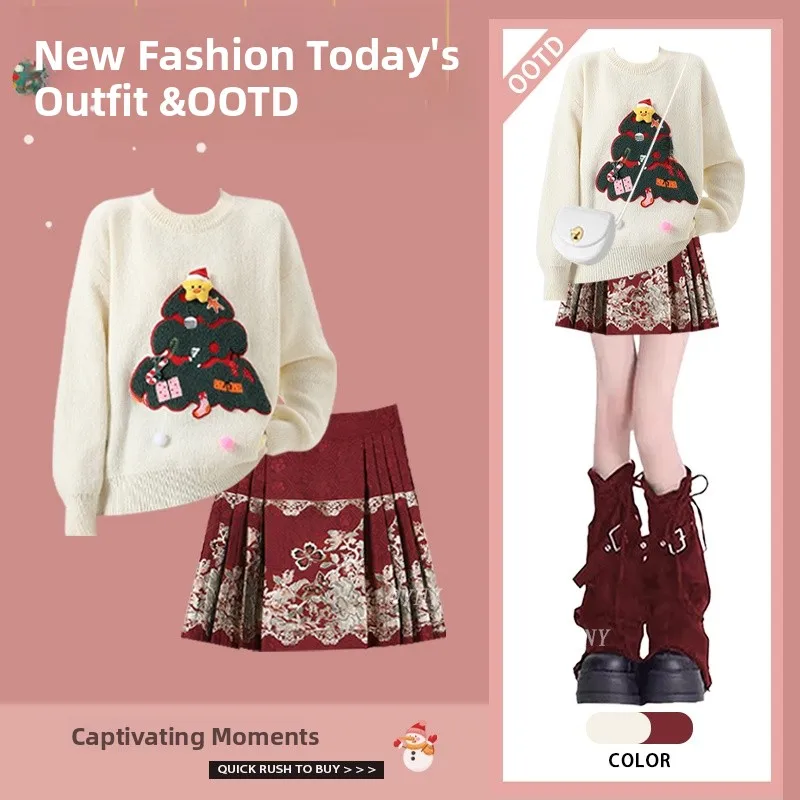 

New Year Sle Women's Knitted Sweater And Red Pleated Skirt Set Autumn Winter New Arrival Age Reducing Faionable Two-Piece...