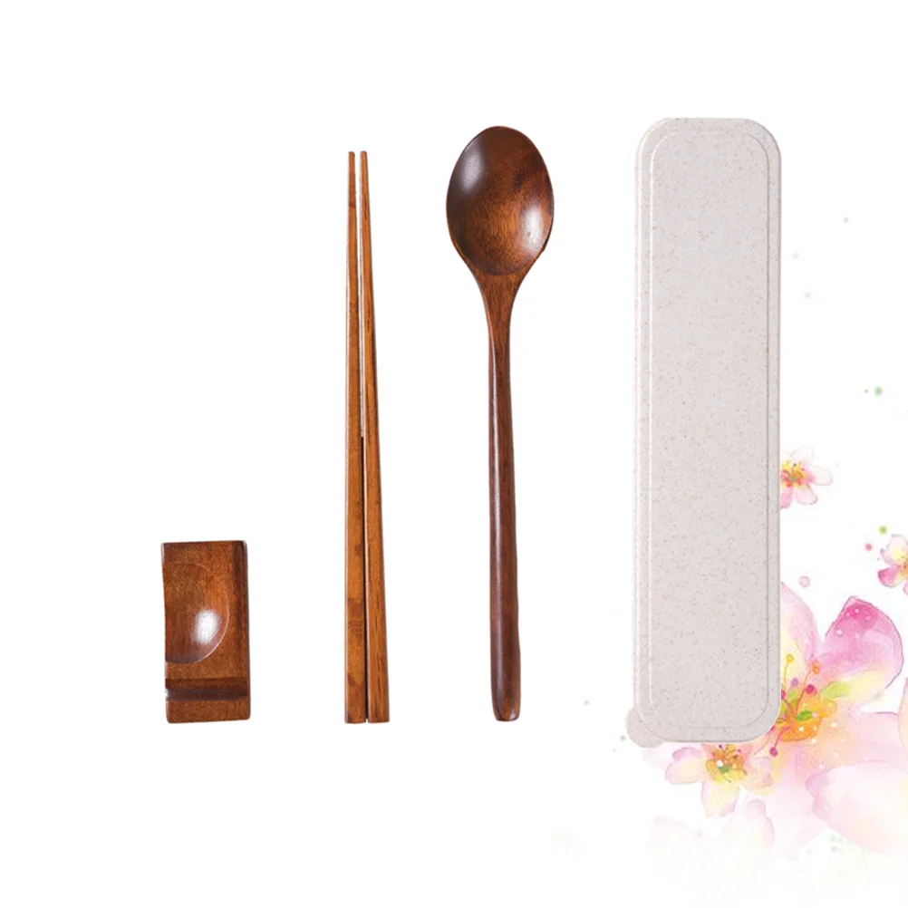 

4Pcs Wood Tableware Set Japanese Style Portable Case Chopsticks Spoon Rest Travel Camping Dinner Service Wood Tableware Set