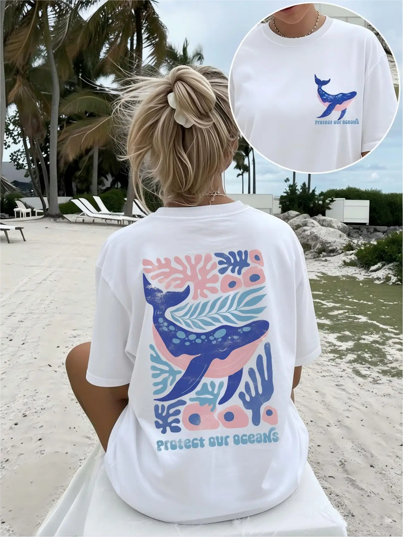 Aesthetic Blue Whale Graphic T-Shirt Sea Life Coral Print Tee Retro Harajuku Streetwear Short Sleeve Protect Our Oceans Eco Top