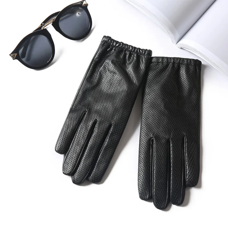 

Women Gloves Fashion Black Sheepskin Touchscreen Genuine Leather Spring Autumn Thin Nylon Silk Lined Driving Gloves SP03