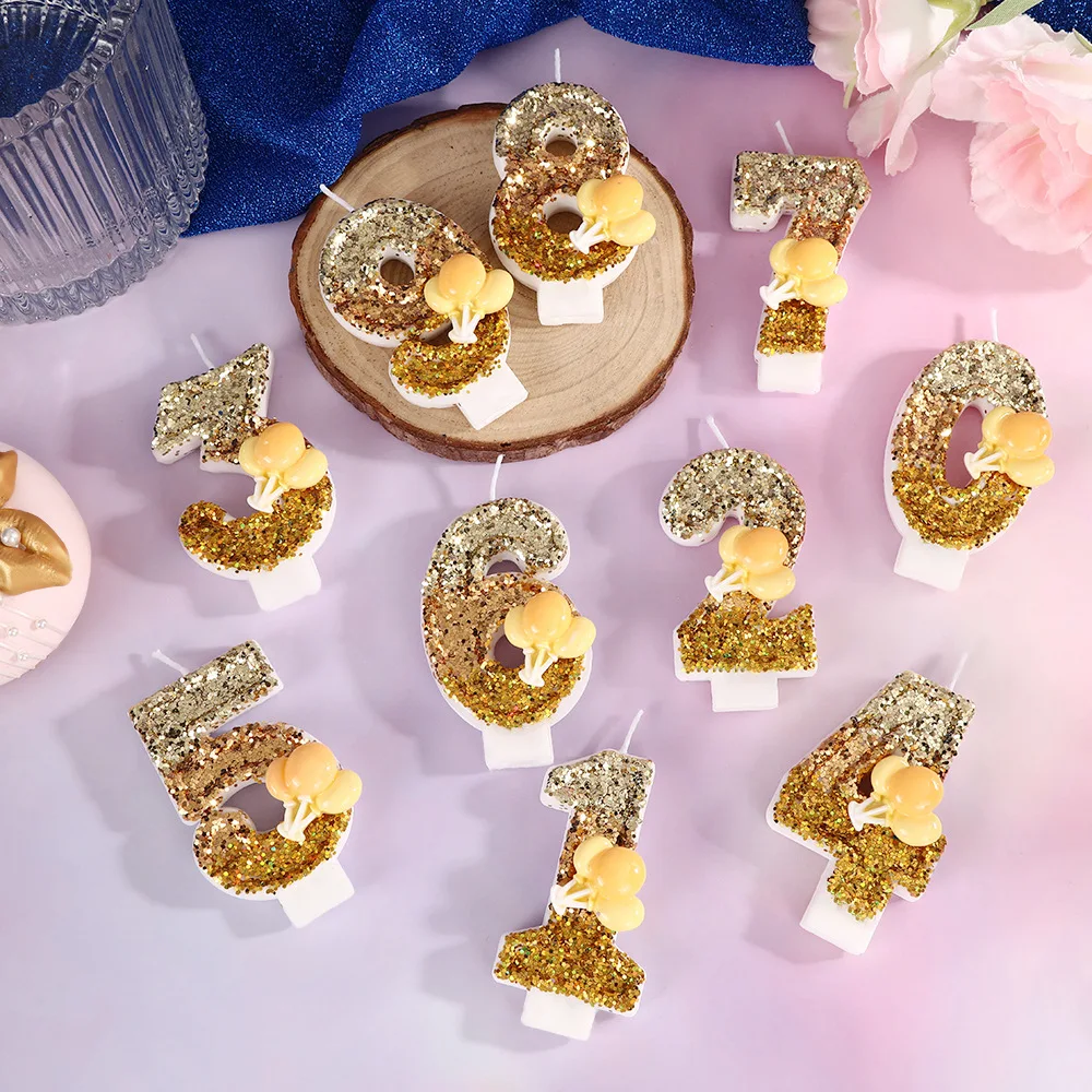 Golden Gradient Sequined Birthday Candles Yellow Balloon Digital Candles Festive Party Atmosphere Decoration Dessert Cake Plugin