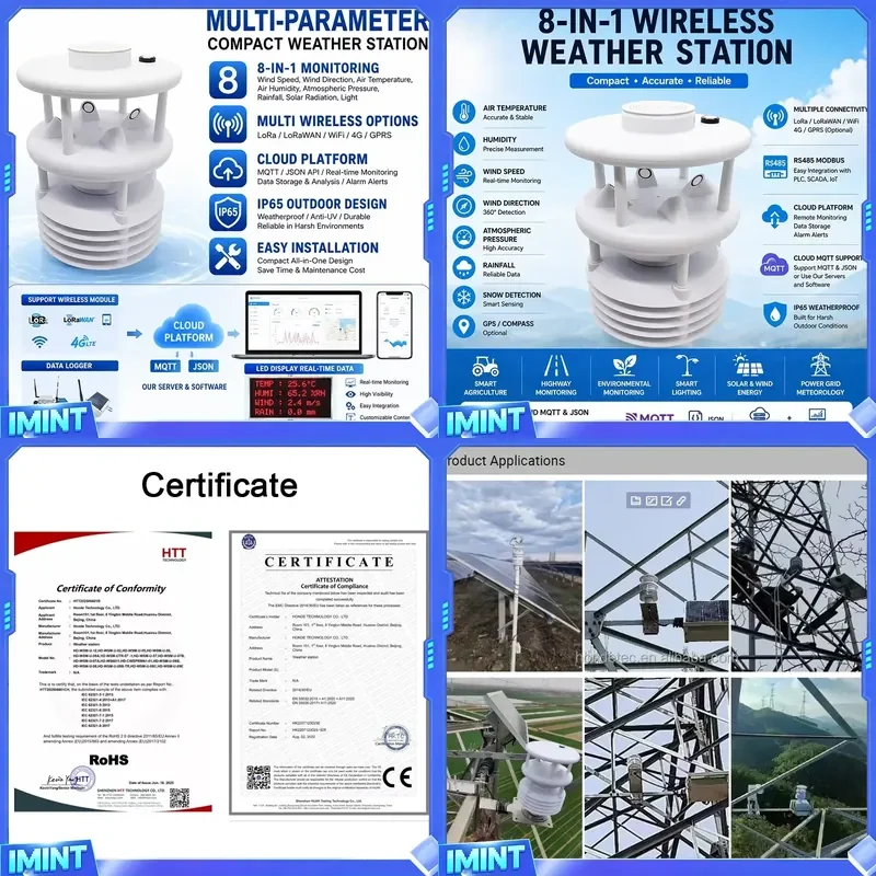 Smart 8 in 1 Wireless Weather Station RS485 LoRaWAN 4G WiFi MQTT JSON Remote Cloud Monitoring Sensor with LED Screen Data