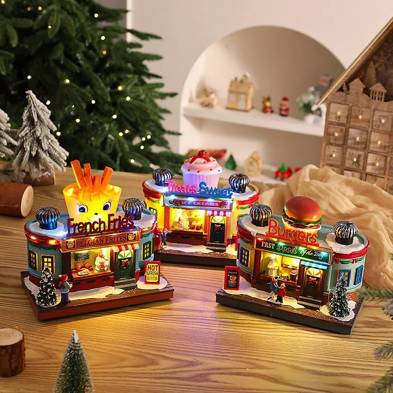 

Christmas Glowing Octave Box Resin Rotating Children Music Box Xmas Luminous Hamburgers Fries Ice Cream House 2026 New Year Gift