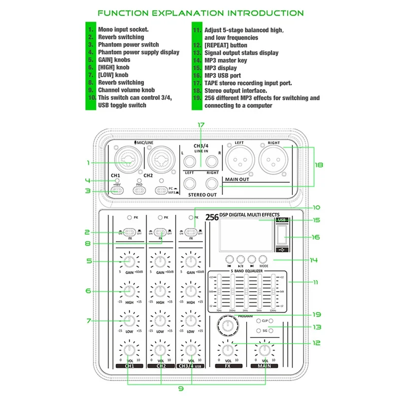 มิกเซอร์เสียง AA60-4 Channel 256DSP USB Studio Bluetooth DJ Console Mixer พกพาสำหรับดีเจคาราโอเกะ