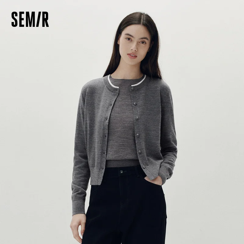 Semir Women Cardigan Short Contrast Crew Neck Faux Two Piece Wool Blend Soft Elegant Autumn Knitwear Daily Wear 2026