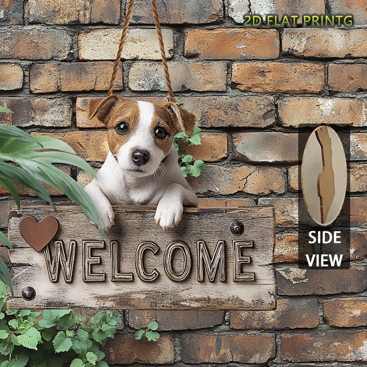 A Classic Wooden 2D Flat Design Featuring a Vintage Jack Russell Terrier Welcome Sign, Styled for a Country Cottage.