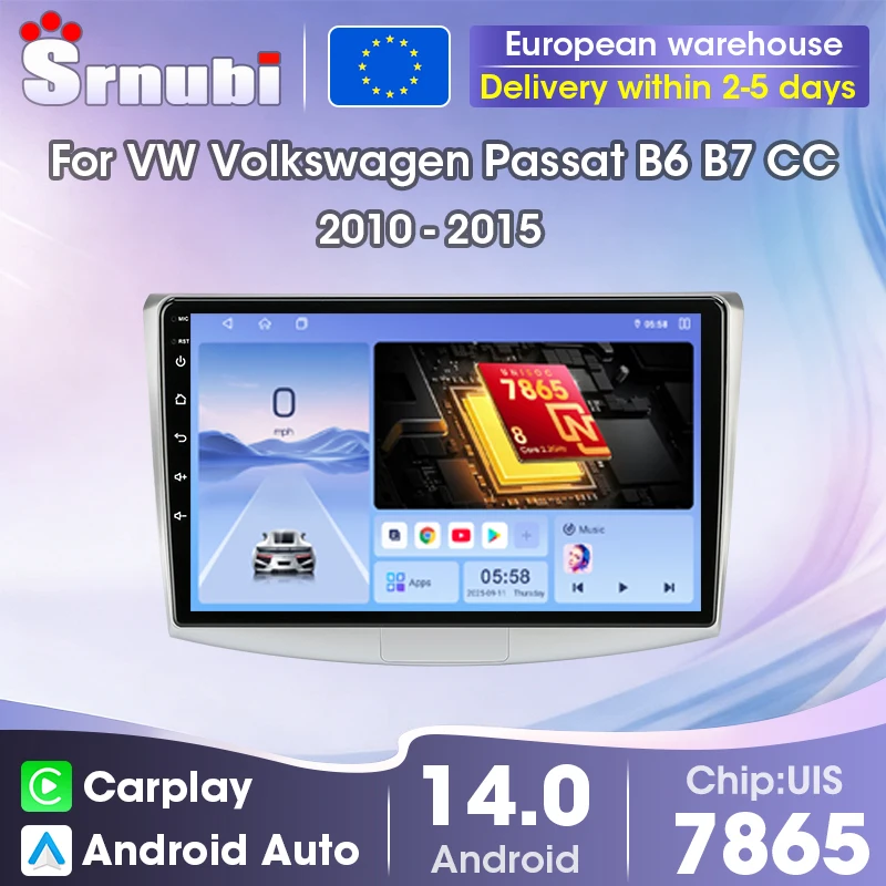Srnubi Wireless Carplay Android Auto GPS Navigation Multimedia Video Player Car Radio 10 inch For VW Volkswagen Passat B6 B7 CC 2010 - 2015, 2 Din Head Unit with QLED Screen Support SWC, 8-Core UIS7865 DSP Bluetooth 5.4