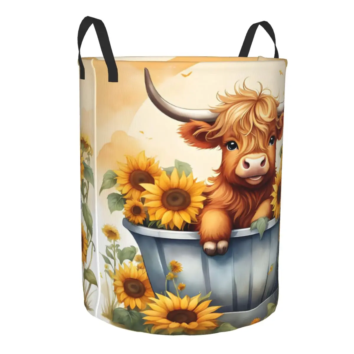 Custom Highland Cow And Flower Laundry Basket Collapsible Clothing Hamper Toys Organizer Storage Bins