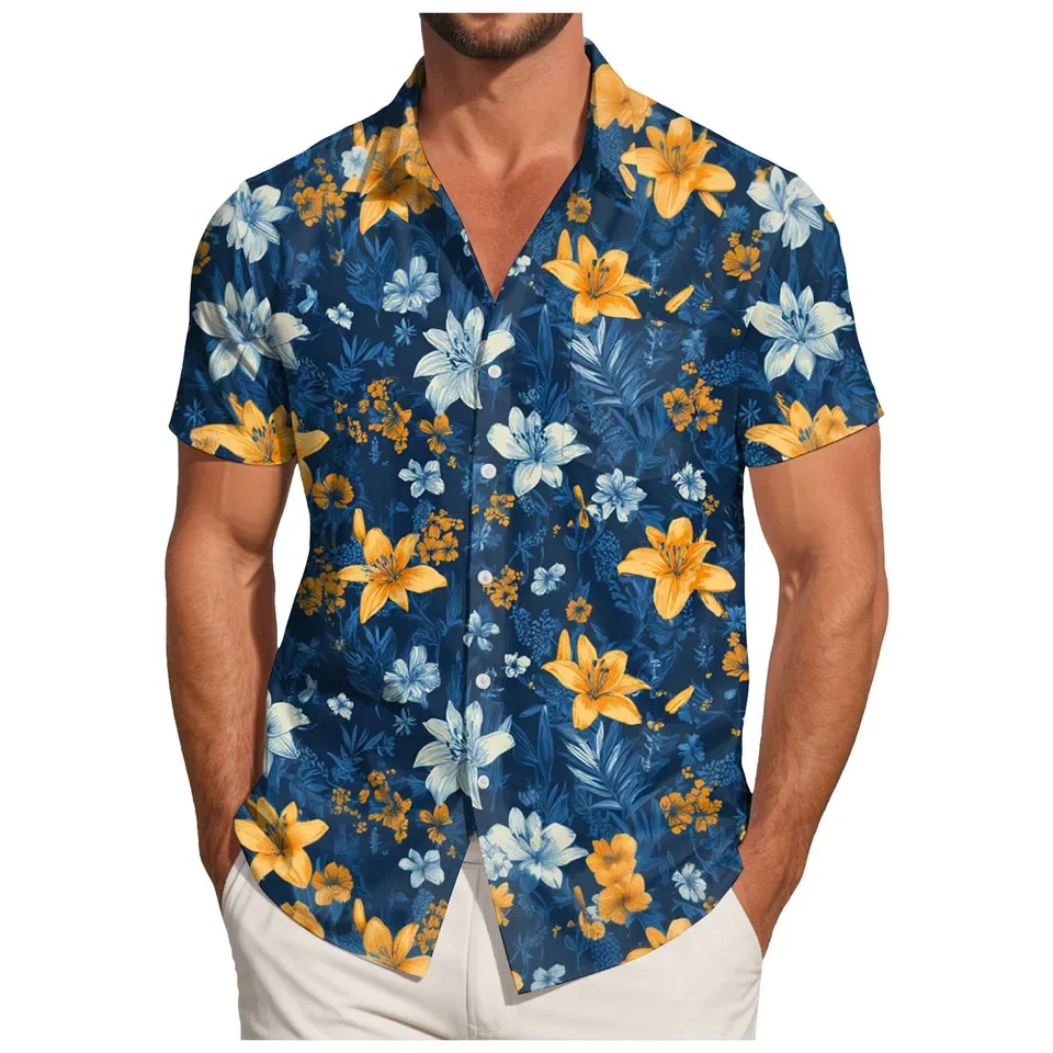 Hawaiian Vacation Shirt Men's Clothes Fashion Tropical Flower Plant Print Shirts Casual Short Sleeve Button Blouse Holiday Tops