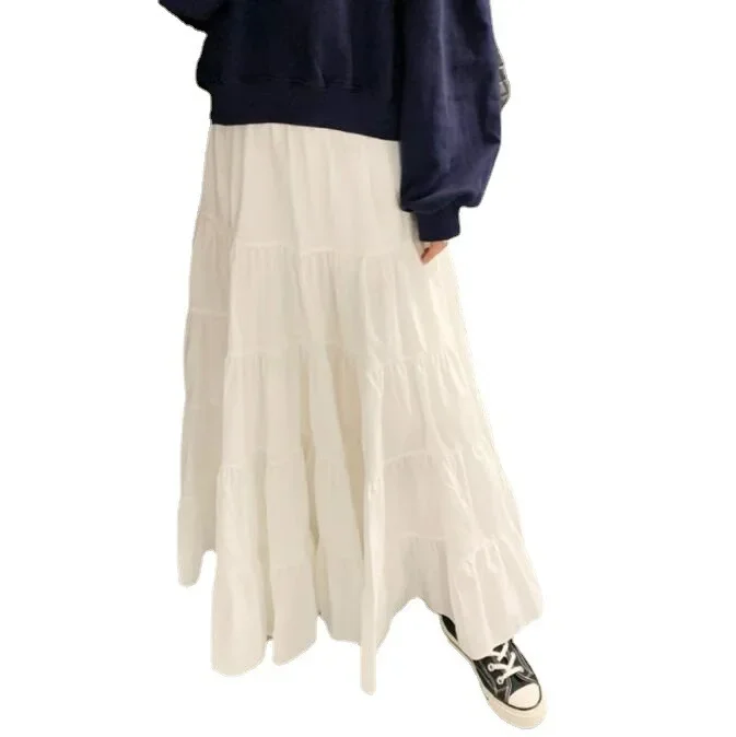 Spring Summer Women Chiffon Skirts Vintage High Waist Elastic Patchwork White Black Chic Long Cake A-line Skirt for Student