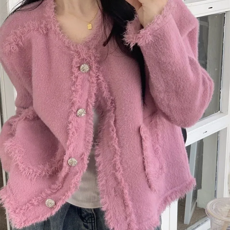 

Small Fragrant Style Imitation Mink Down Sweater Jacket for Women, Loose, Lazy Style, Pocket Fringed, Knitted Cardigan, Winter