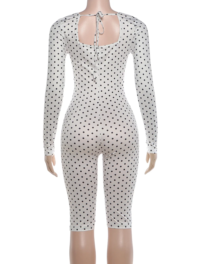 Weird Puss Sexy Mode-Playsuits für Damen, Polka-Dot-Print, quadratischer Kragen, lange Ärmel, figurbetont, Pfirsichfarben, für Mitternachtsclub-Partys – Detail 6