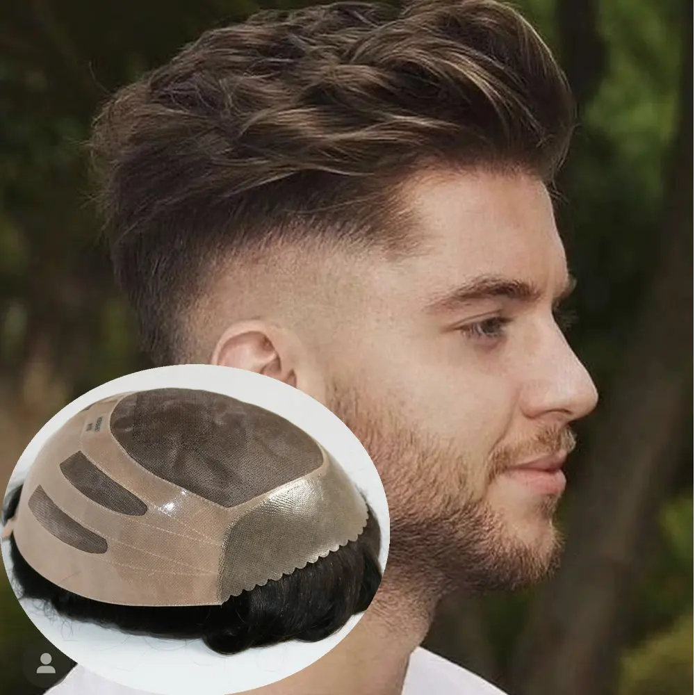 

Natural Hairline Durable NPU Bond 100% Human Hair Mens Toupee Fine Mono Base With PU Brown Prosthesis Replacement System Unit