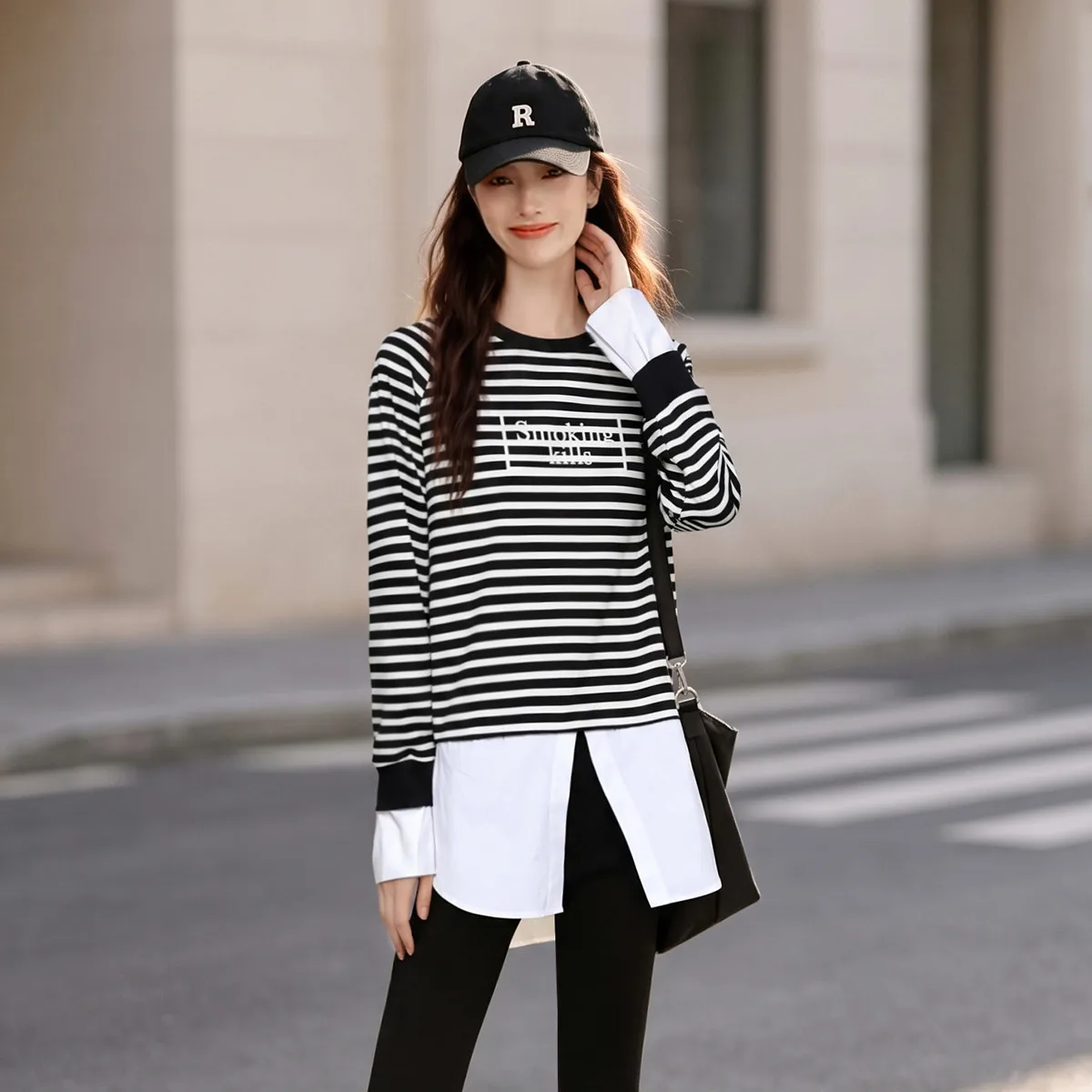 LOUIS YAO Striped T-shirt 2026 Spring Autumn Women's Sweatshirt Patchwork Shirt Hem Loose Casual Round Neck Long Sleeve T-shirt