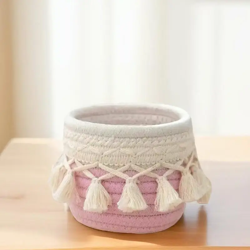 حامل فرشاة مكياج بوهو شيك مصنوع يدويًا، سلة تخزين مستحضرات التجميل المنسوجة ثنائية النغمة مع تفاصيل شرابة، خفيفة الوزن 2025 جديدة #4