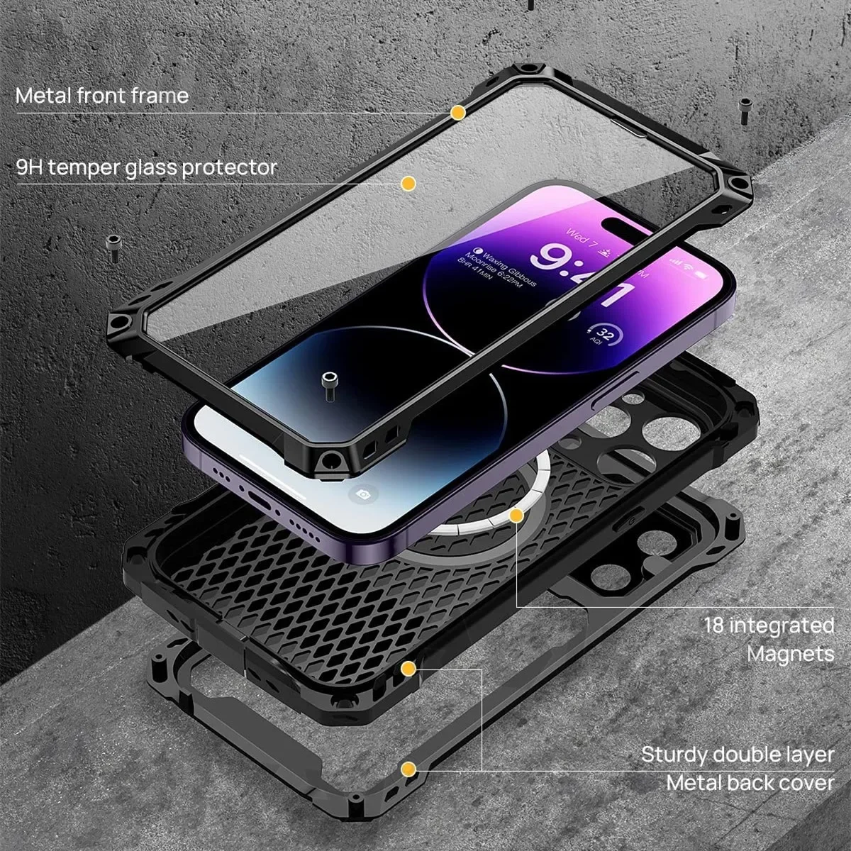 Metal Rugged Case For iPhone 15 Pro Max 14 Pro empered Glass Screen Protector Camera Protection Armor MagSafe Magnetic Covers