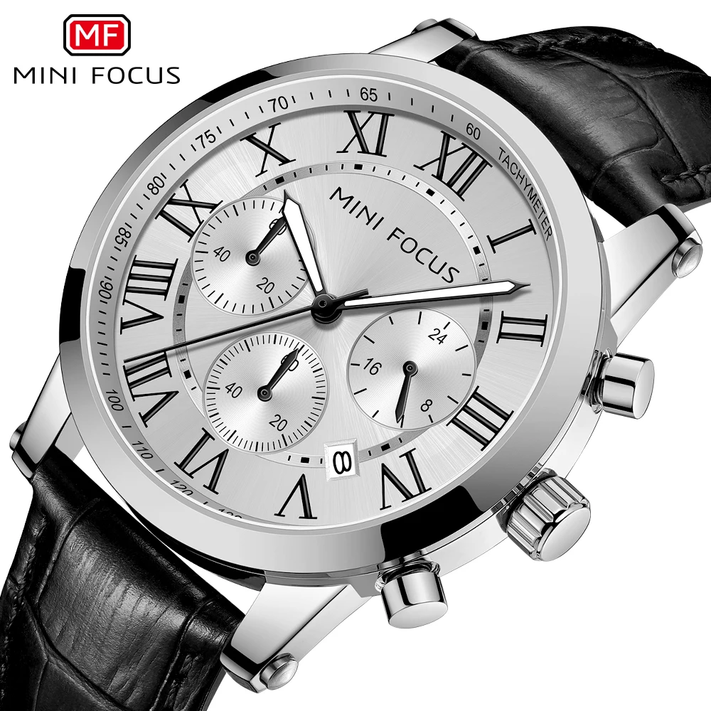 

MINI FOCUS Fashion Business Quartz Men Watch Multifunction Three Dials Calendar Leather Strap Luxury Watches Waterproof 0415G