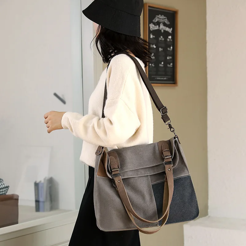 Canvas Casual Women\'s Bag Stylish Contrast Stitching Tote Bag Vintage Shoulder Bag Large Capacity Messenger Bag