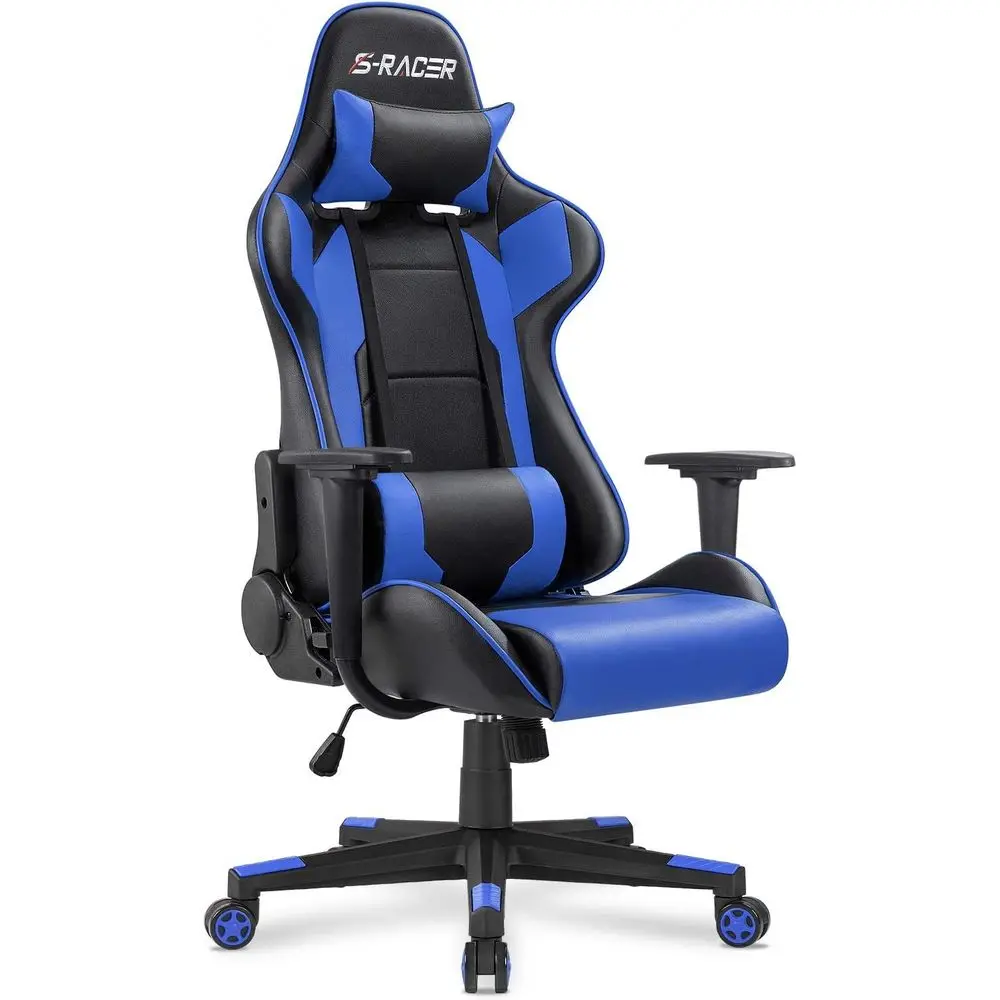 Cadeira Giratória Ergonômica de Couro com Encosto Alto e Suporte Lombar para Jogos e Uso em Escritório (Azul)