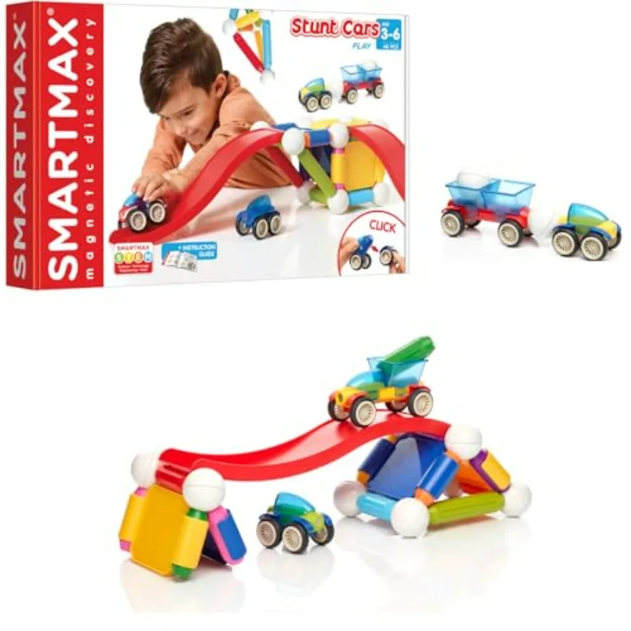 

SmartMax Stunt Cars Basic Stunt STEM Magnetic Discovery Building Set with Moving Vehicles Featuring Safe Extra-Strong Oversized