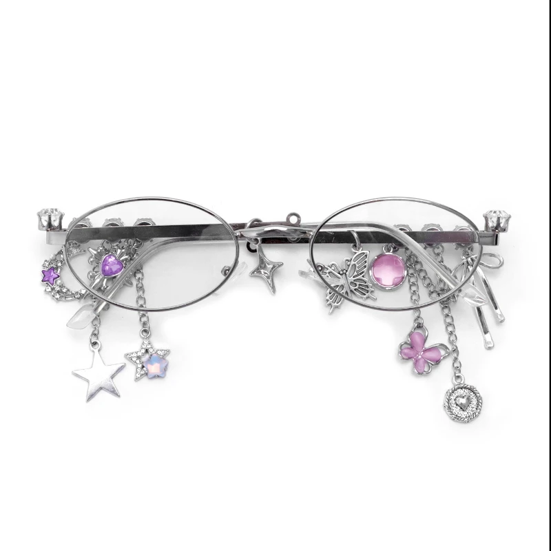 New Personalized Sweet Cool Spicy Girl Sakura Same Style Star Diamond Small Frame Elliptical Glasses Japanese Anti Blue Light