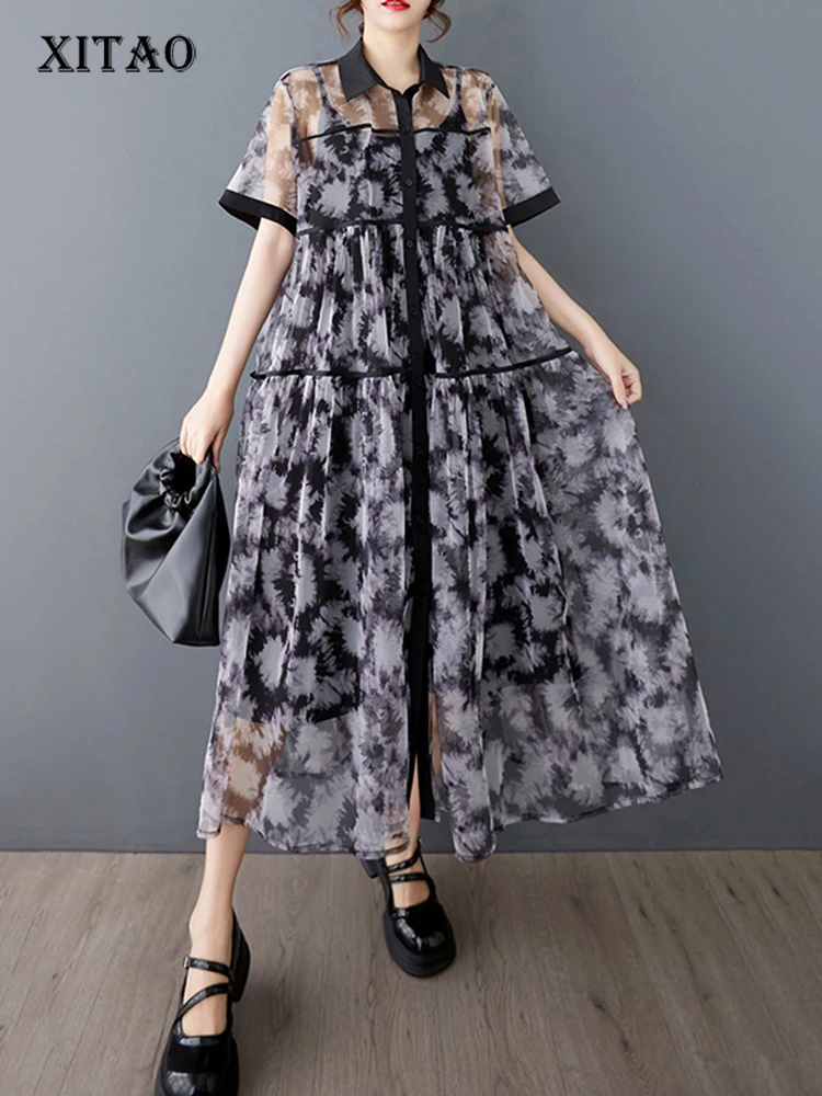 

XITAO Print Patchwork Gauze Two Piece Dress Loose Short Sleeve Single Breasted New Temperament Summer Woman Dress ZMY1243