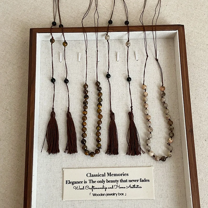 Minar Retro 2 Designs Natural Stone Tiger Eyes Brush Tassel Beads Pendant Necklaces for Women Long Adjustable Rope Sweater Chain