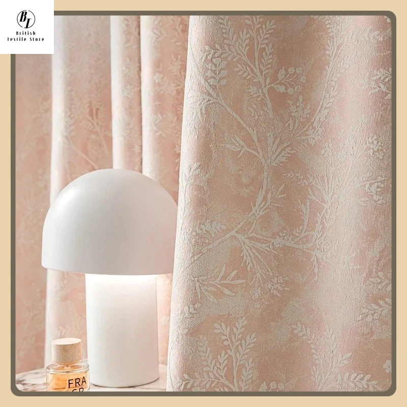 

French Romantic Pink Flowers Chenille Jacquard Curtains for Living Room Bedroom French Window Custom Size White Tulle Decor