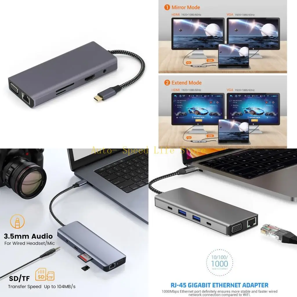 

02DA Professional USB C Dock 10 Port Expansion Aluminum HDTV Gigabit Ethernet USB3.0