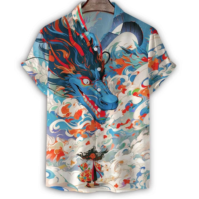 Art Orient Dragon Painting 3d Print Shirt For Men Summer Hawaiian Short Sleeves Tee Shirts Casual Button Lapel Blouse Tops