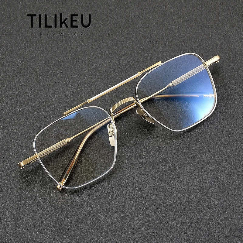 

Double Bridge Pilot Style Oversized Square Pure Titanium Eyeglasses Frames Men Women Designer Retro Full Frame for Large Faces