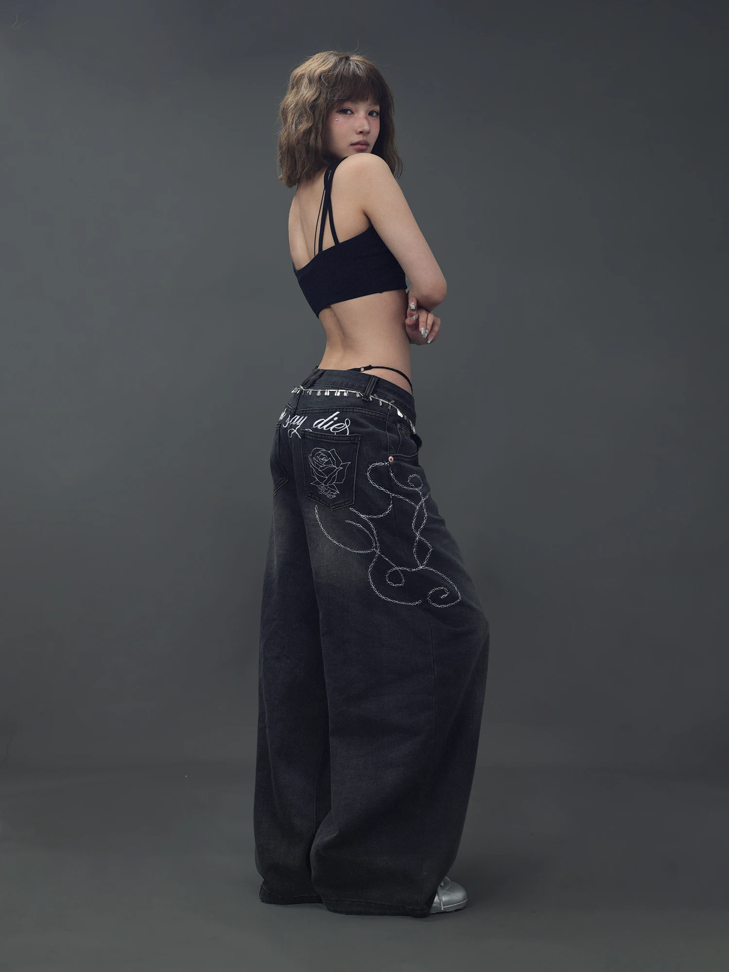CBXLAB Street Dance Millennial Rose Embroidery Hip Hop Washed Denim Casual Pants Hot Girls Loose Fit Straight Leg Trousers