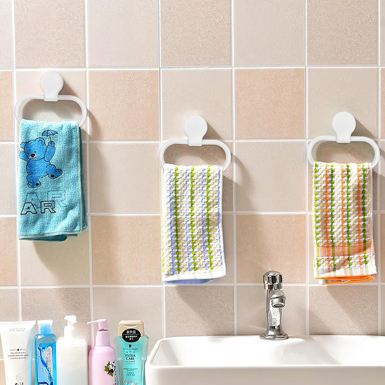 

Self-Adhesive Towel Holder No Drilling Premium ABS Material Durable Bathroom Kitchen Towel Rings Easy Installation White