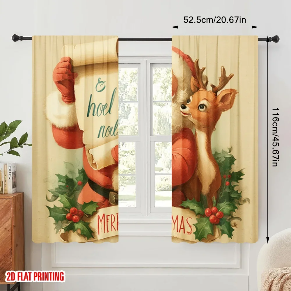 2pcs,2D plane printing Creative Curtains Santa & Reindeer (2) Versatile Polyester (without rod) Room Decor Use for Living Room &