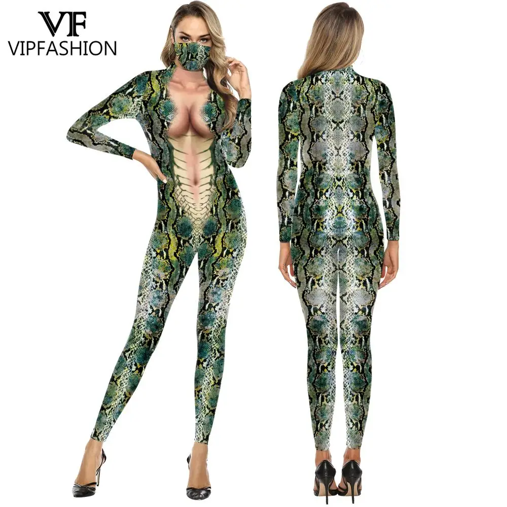 

VIP FASHION Women Snake Print Jumpsuit Men Carnival Purim Halloween Costume 3D Printing Sexy Zentai Suit Couple Cosplay Clothes