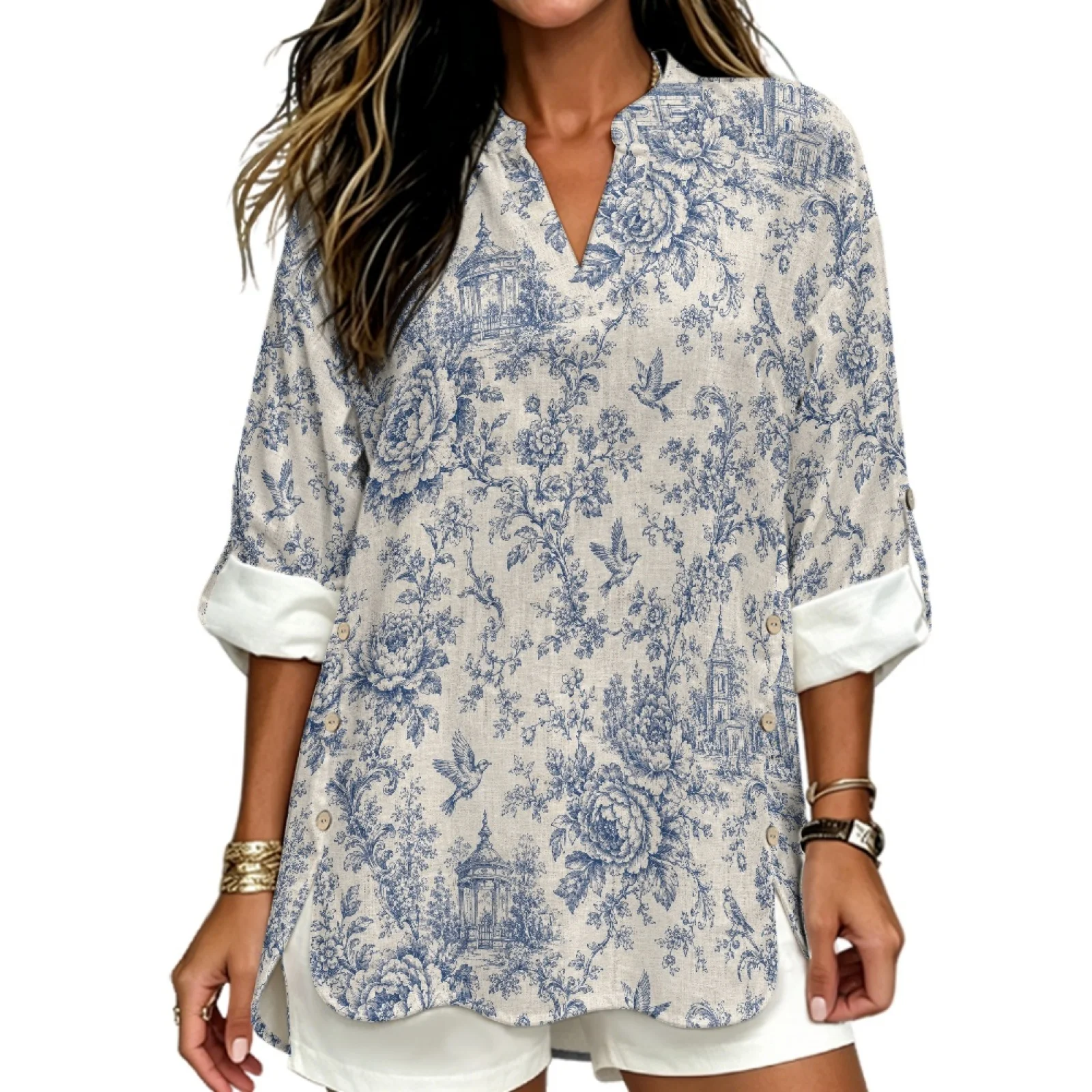 PENSTROLL Blue Toile Floral Print Linen Like V Neck Shirts Side Slit Long Sleeve Shirts for Fall Sizes S-5XL