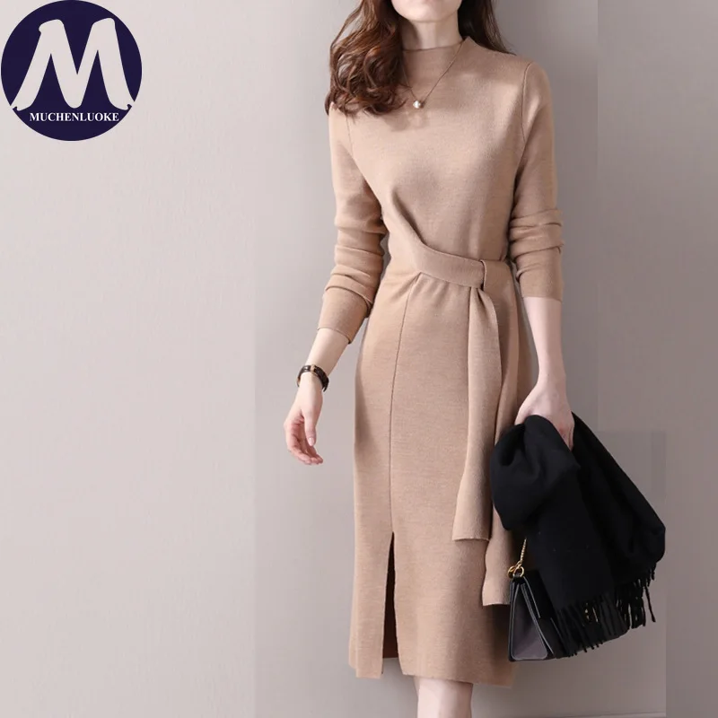 Dress Women Autumn Winter New Elegant Half High Neck Knitte Lace Up Sweater Dresses Korean Fashion Slim Fit Women's Bottom Dress