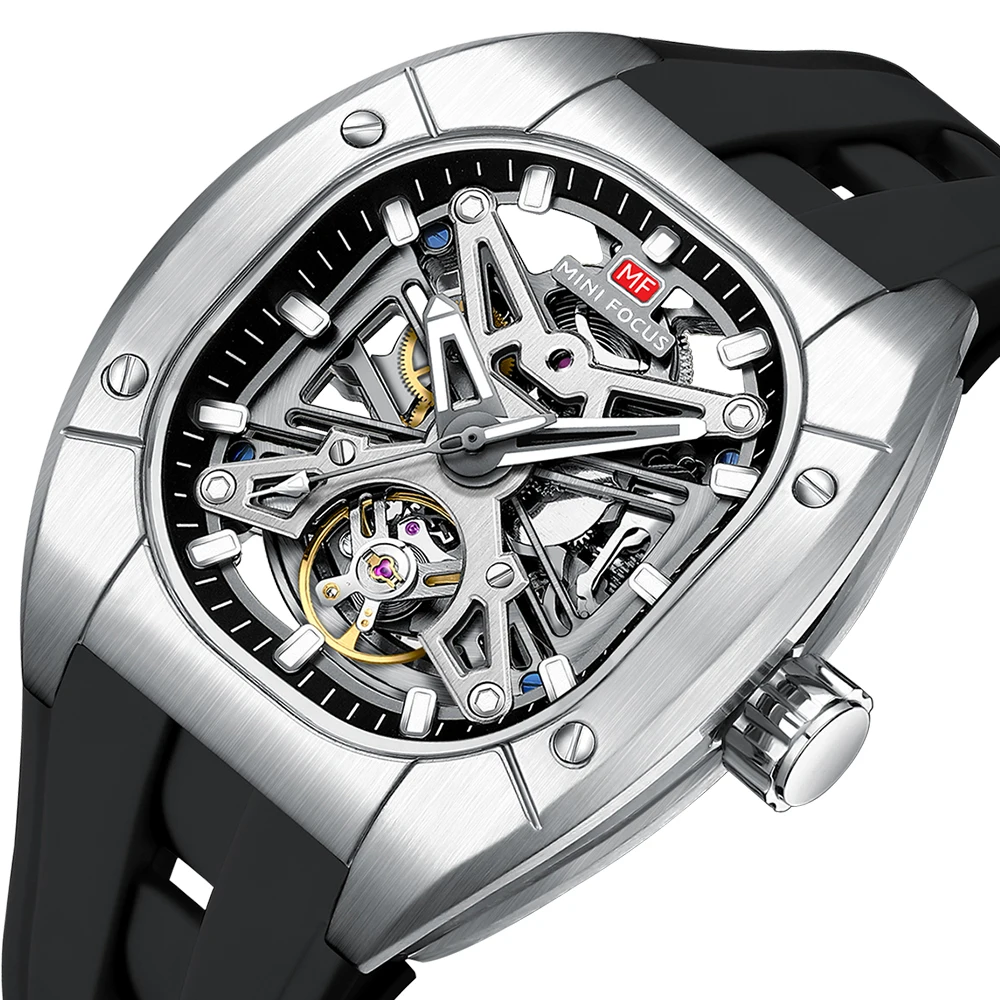 MINI FOCUS Men Tonneau Skeleton Automatic Mechanical Watch Luminous Waterproof Wrist Watch Luxury Sport Dress Watch for Men Gift