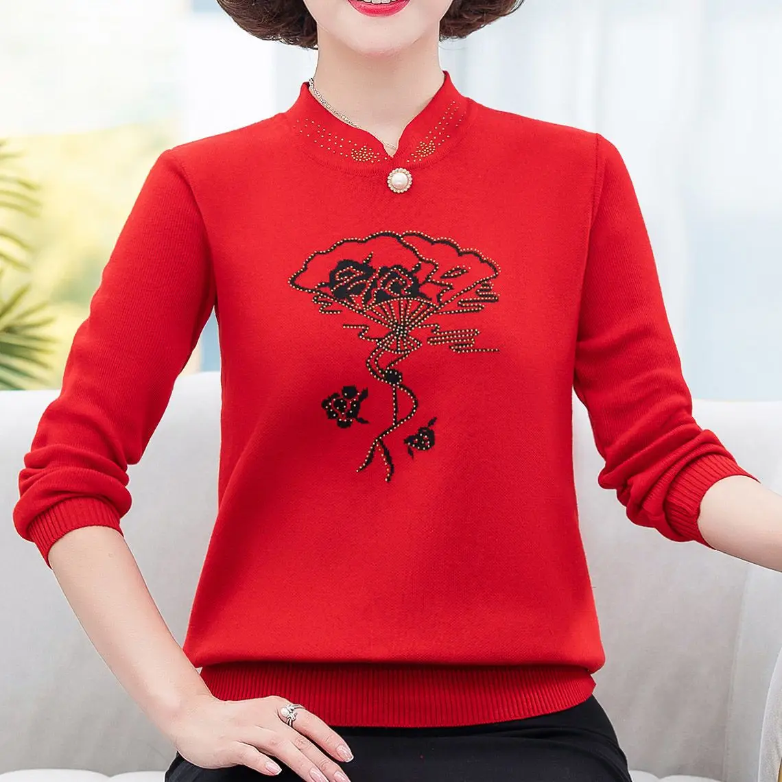 Fan Flower Pattern Printing Round Neck Vintage Knitting Plush Thicken Straight Diamond Inlay Single Pearl Pullovers Ladies Solid