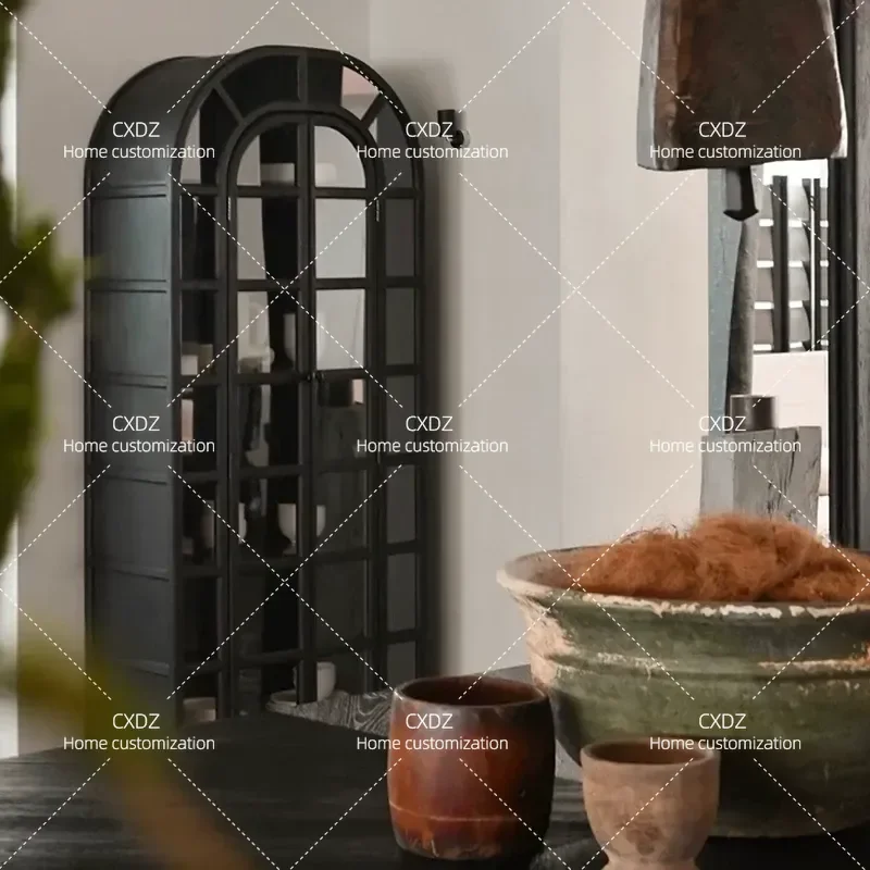 Retro Solid Wood Bookcase with Glass Door Black Display Cabinet Carved Wine Storage for Living Room Villa Home Furniture