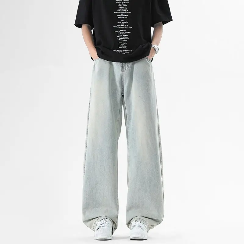 Men's Street Jeans, Simple And Wide Leg Trend Spring And Autumn Elastic Distressed Retro Loose Straight Leg Casual Pants
