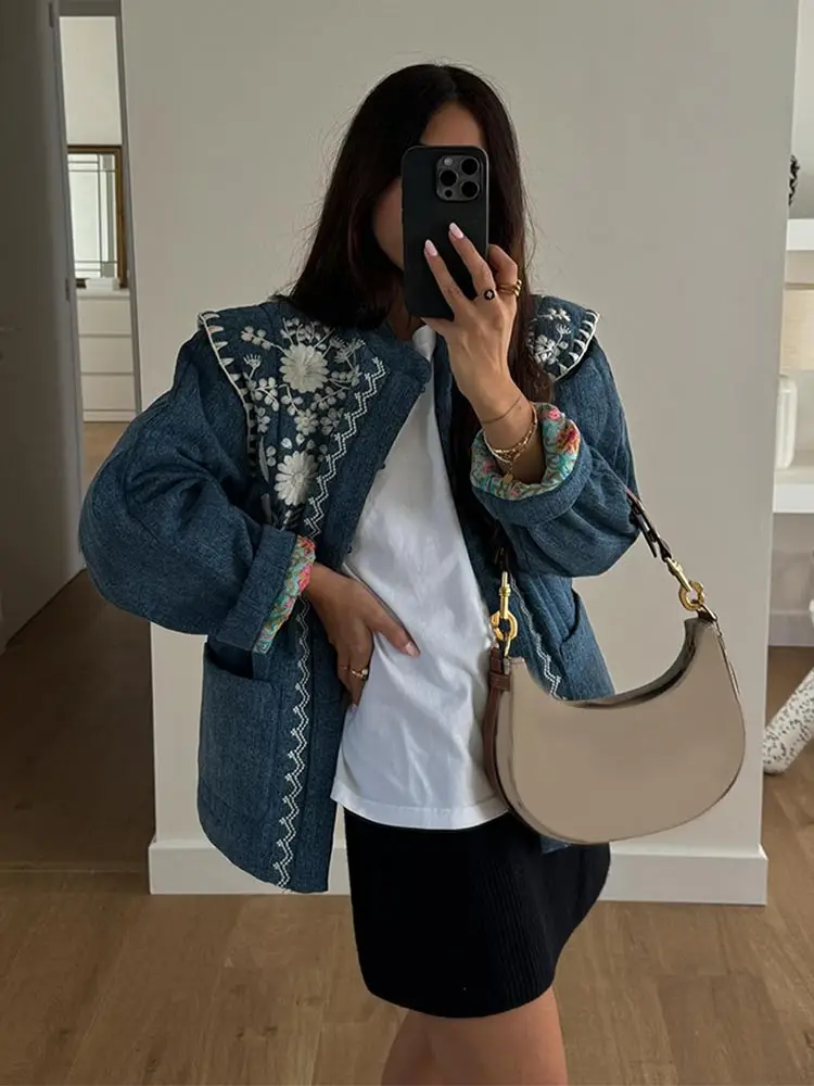 Women Warm Print Blue Pocket Cotton Coat Fashion Round Neck Long Sleeve Jacket 2024 Ins New Casual Female High Street Outerwear