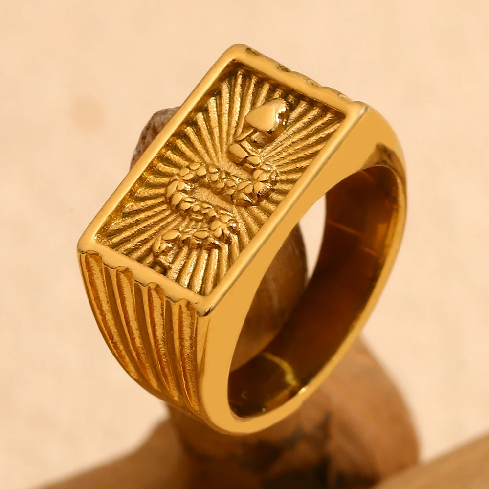 Waterproof Hypoallergenic Snake Sunburst Stamped Rectangle Signet Rings For Woman Vintage Animal Snake Rings Jewelry For Female