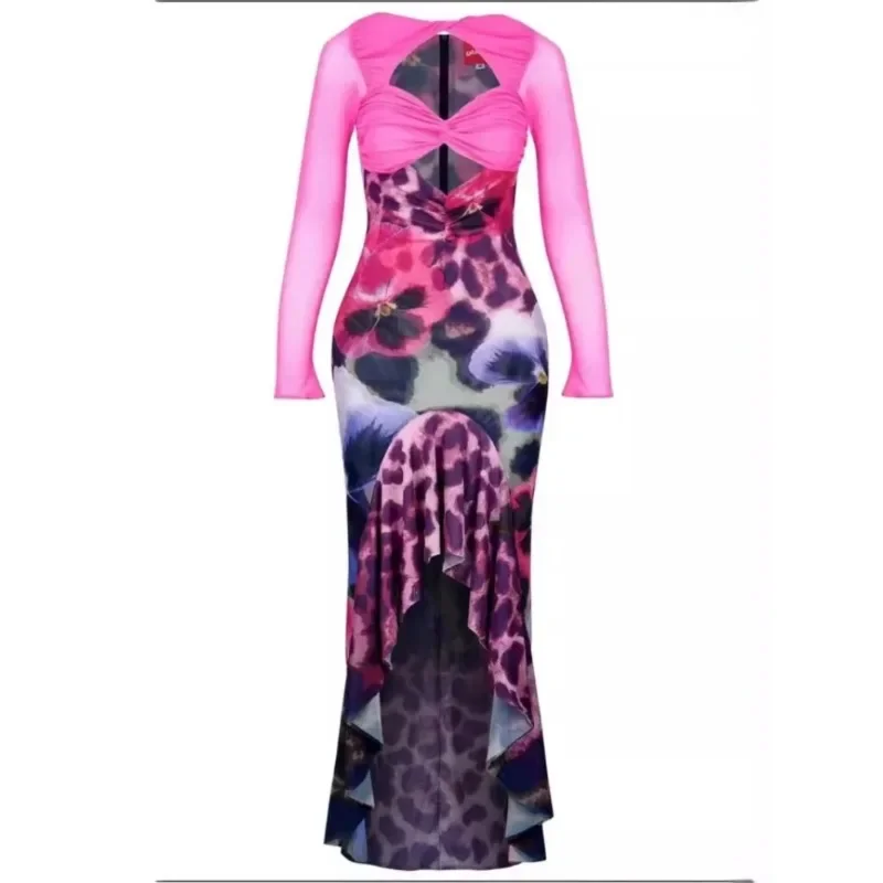 

Print Slim Dresses Women Fashion Sexy Hollow Out Package Hip Irregular Ruffles Party Long Dress Streetwear Club Vestidos
