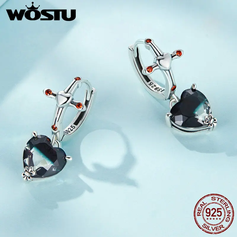 WOSTU 925 Sterling Silver Drop Earring Red Zircon Cross Clips Ear Hoop Black Crystal Holloween Danlge Earring Gift Fine Jewelry