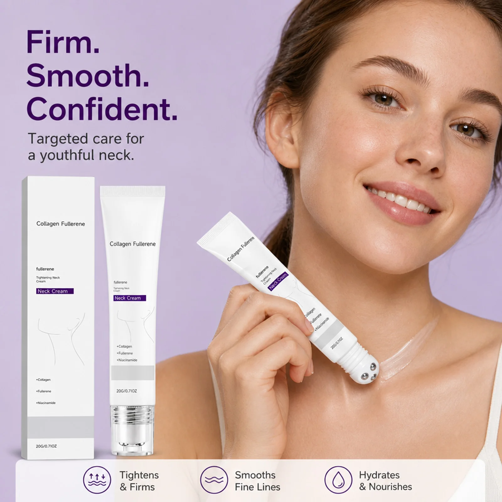 Roller‑ball Neck Cream Moisturizing Nourishing Collagen Fullerene Cream with Niacinamide for Smoothing Dry Rough Neck Skin Care