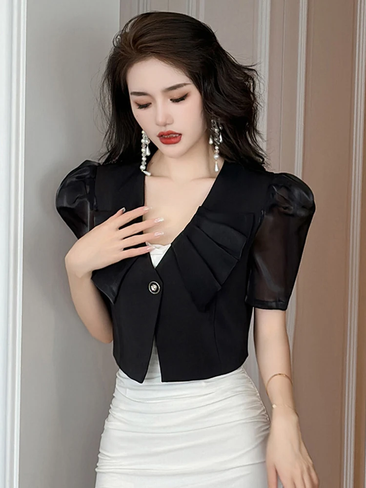 

Summer Women Short Suit Satin Formal Chic Peter Pan Collar Cropped Coat Blazer Jacket Ladies Mujer Outwear Street Clothes Outfit