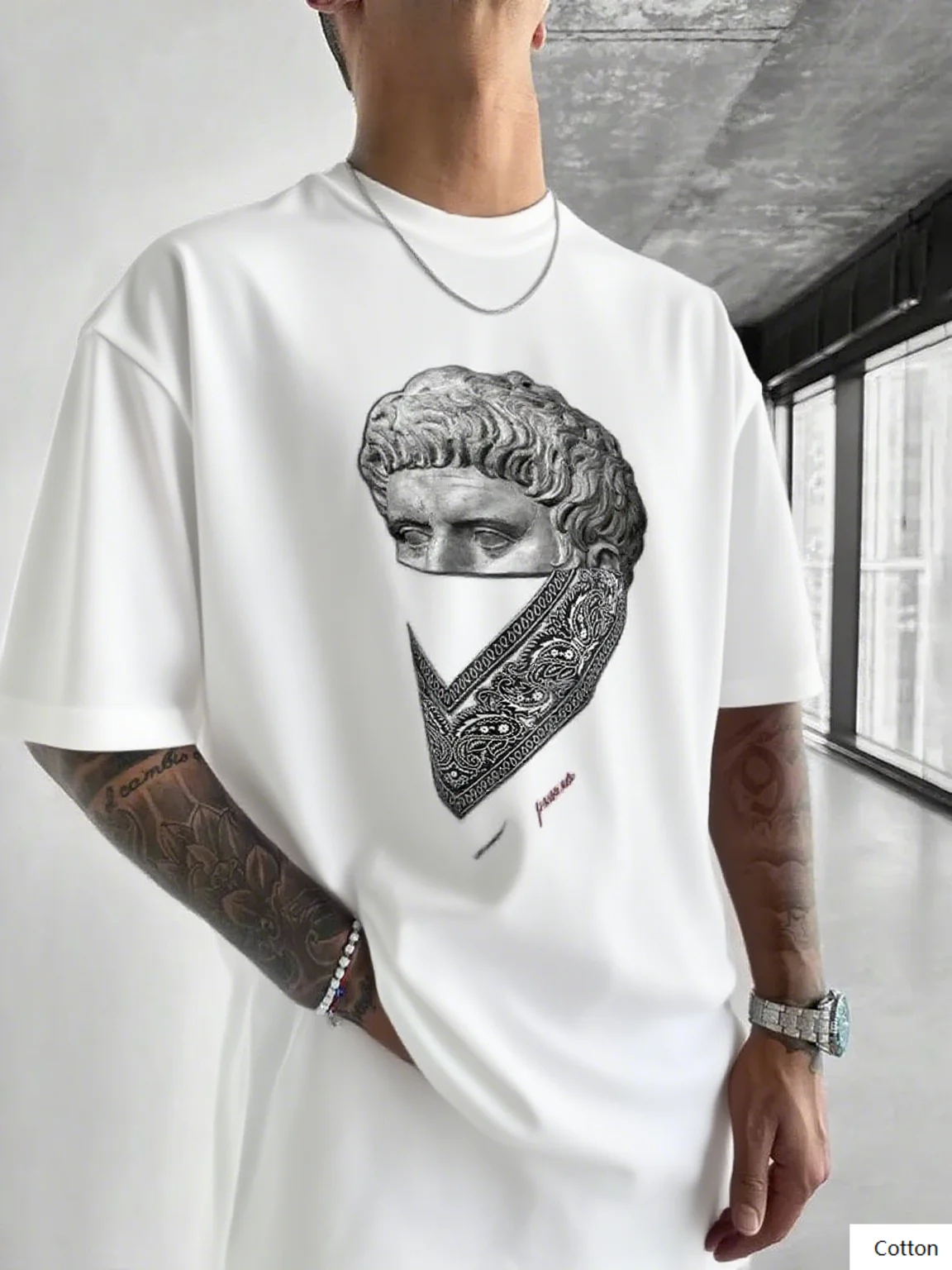 

Premium Men's Cotton Printed T - Shirt Featuring A Sculpture Head with Bandana Cover Great for Making A Unique Fashion Tee S-4XL